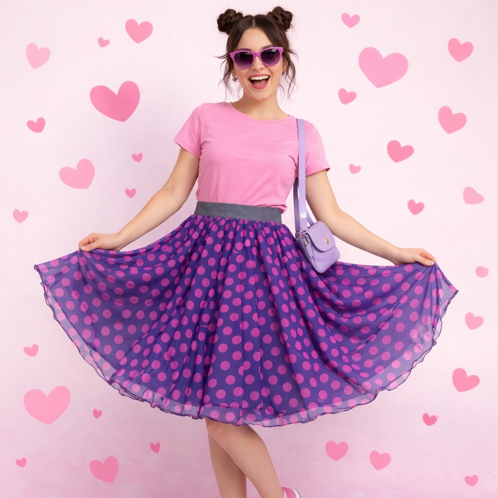 She’s Cool Pleated Polka Dot Skirt 1X Purple Pink Chiffon Midi Elastic Waist - Picture 5 of 13